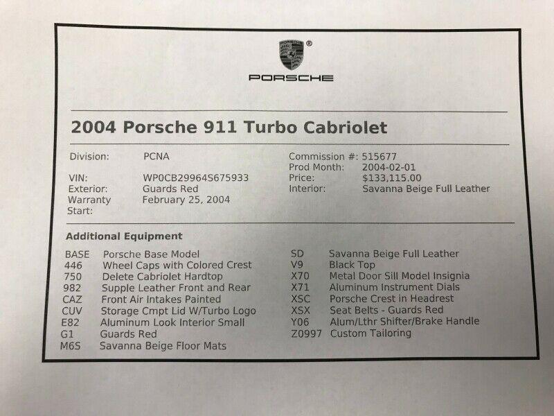 2004 Porsche 911 Cabriolet Turbo 6 Spd Manual 55,300 Miles Red Convertible 3.6L